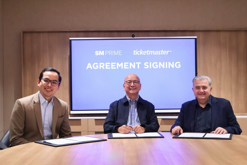 SM Prime Executive Vice President Cris Noel E. Torres, SM Prime President Jeffrey C. Lim, and Ticketmaster APAC Regional Vice President Jim Kotsonis